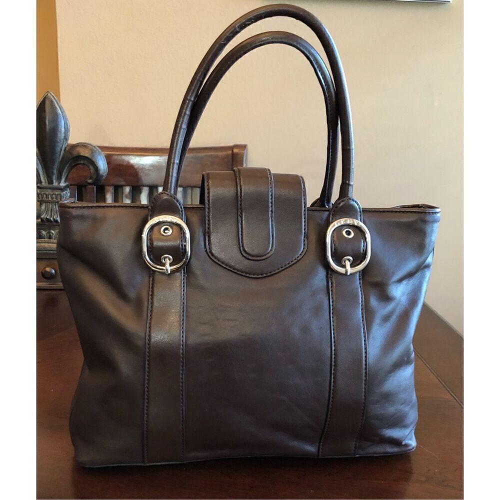 DKNY - Chocolate Brown Smooth Leather Buckle Satchel. Great Preowned Condition - Picture 5 of 15